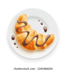 Croissant with chocolate on plate. Traditional french baked goods. Bake product for lunch, breakfast. Cook presentation. Yummy sweet food. Crimp tasty dessert. Vector illustration.