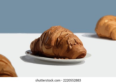 Croissant with chocolate On a white table and a blue background a glass of cappuccino or coffee,delicious breakfast and sweets, healthy food view from above, bun and milk chocolate. Levitation of food
