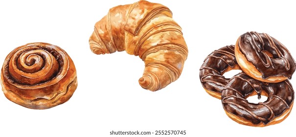 Croissant, bollo de canela, rosquillas de chocolate esmaltadas, ilustración realista dibujada a mano de la acuarela aislada en un fondo blanco, Vector