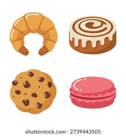 Croissant and cinnamon roll with cookie and macaron icons, bakery pastry vector set for breakfast menu, cafe, dessert branding