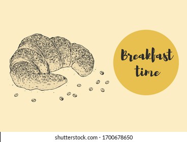 Croissant with coffee beans.  Continental breakfast. Hand drawn vector illustration isolated on flat color background.