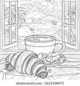 Croissant y café por la ventana. Libro para colorear antiestrés para niños y adultos. Ilustración aislada sobre fondo blanco. Dibujo a mano