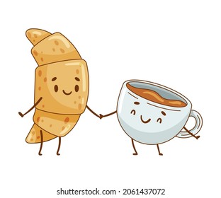 Croissant and coffee cup characters holding by hands. Perfect couple, friends forever cartoon vector illustration