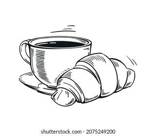 croissant coffee cup hand-drawn drawing crispy engraving retro style