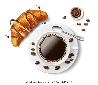 Croissant with coffee cup isolated. Realistic traditional french Croissant with chocolate and coffee beans for breakfast or lunch. Vector illustration.