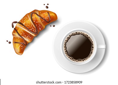 Croissant with coffee cup isolated. Realistic traditional french Croissant with chocolate. Sweet dessert product for breakfast or lunch. Vector illustration.