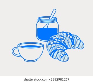 Croissant with coffee cup and jar with honey. Line art, retro. Vector illustration for bars, cafes, and restaurants.