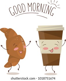 croissant and coffee cute characters. vector illustration. good morning postcard