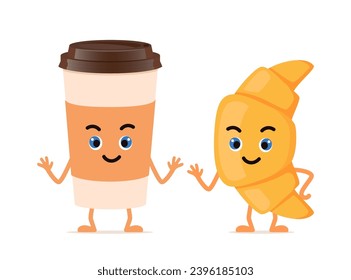 Croissant and coffee, cute happy characters for menu, banner. Breakfast, food, bakery concept. Vector illustration