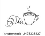 Croissant and coffee drawn in one line style. Breakfast theme with linear pastry and coffee for logo and posters, simple sketch design. Vector illustration isolated on white background