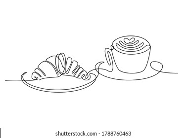 Croissant and coffee drawn in one line style. Breakfast theme with linear pastry and coffee for logo and posters, simple sketch design. Vector illustration isolated on white background