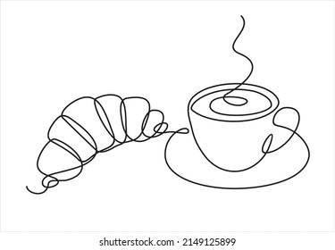 El croissant y el café son de una línea. Tema del desayuno con pastelería lineal y café para logotipo y carteles, diseño de boceto sencillo. Ilustración del vector aislada en fondo blanco