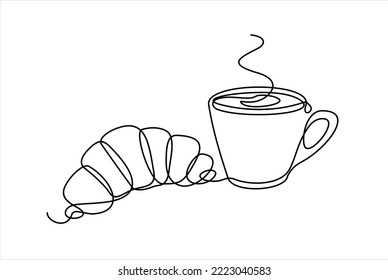 Croissant and coffee drawn in one line style. Breakfast theme with linear pastry and coffee for logo and posters, simple sketch design. Vector illustration isolated on white background