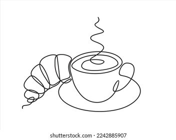 Croissant and coffee drawn in one line style. Breakfast theme with linear pastry and coffee for logo and posters, simple sketch design. Vector illustration isolated on white background