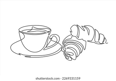 Croissant and coffee drawn in one line style. Breakfast theme with linear pastry and coffee for logo and posters, simple sketch design. Vector illustration isolated on white background