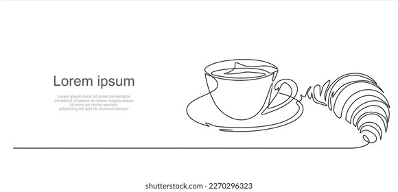 Croissant and coffee drawn in one line style. Breakfast theme with linear pastry and coffee for logo and posters, simple sketch design. Vector illustration isolated on white background