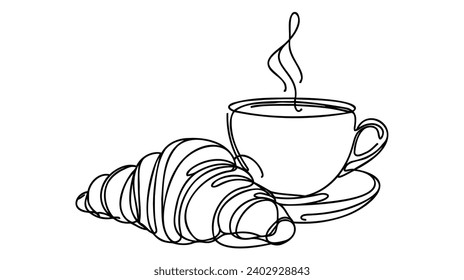 El croissant y el café son de una línea. Tema del desayuno con pastelería lineal y café para logotipo y carteles, diseño de boceto sencillo. Ilustración del vector aislada en fondo blanco