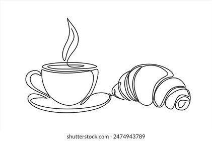 Croissant and coffee drawn in one line style. Breakfast theme with linear pastry and coffee for logo and posters, simple sketch design. Vector illustration isolated on white background