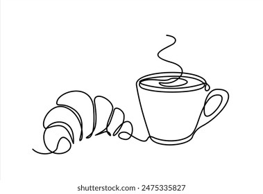 Croissant and coffee drawn in one line style. Breakfast theme with linear pastry and coffee for logo and posters, simple sketch design. Vector illustration isolated on white background