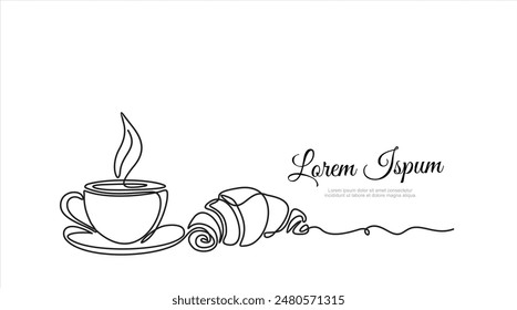 Croissant and coffee drawn in one line style. Breakfast theme with linear pastry and coffee for logo and posters, simple sketch design. Vector illustration isolated on white background