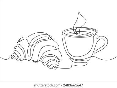 Croissant and coffee drawn in one line style. Breakfast theme with linear pastry and coffee for logo and posters, simple sketch design. Vector illustration isolated on white background