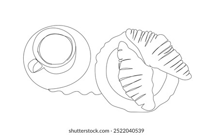 Croissant and coffee drawn in one line style. Breakfast theme with linear pastry and coffee for logo and posters, simple sketch design. Hand made vector not AI.