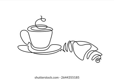 Croissant e café desenhado em um estilo de linha. Tema de café da manhã com massa linear e café para logotipo e cartazes, design de esboço simples. Vetor de uma linha desenhado à mão. Traçado editável