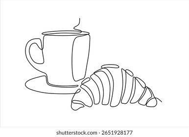 Croissant and coffee drawn in one line style. Breakfast theme with linear pastry and coffee for logo and posters, simple sketch design. Hand drawn one line vector. Editable stroke	