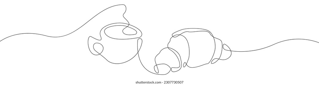 Croissant and coffee icon line continuous drawing vector. One line A cup of coffee with a croissant icon vector background. French breakfast icon. Continuous outline of a Romantic breakfast icon.