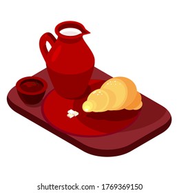 croissant con café y leche, ilustración vectorial isométrica.