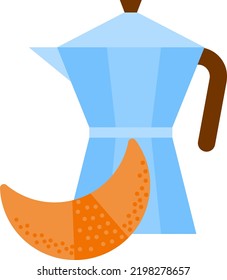 Croissant and coffee pot vector. Preparation of a breakfast. Make coffee in the mornings.