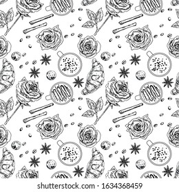 Croissant with coffee, roses, coffee seeds, anise and cinnamon in line art style. Vector bakery seamless pattern.