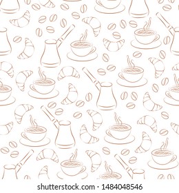 Croissant and coffee seamless pattern line style isolated on white background. Vector illustration