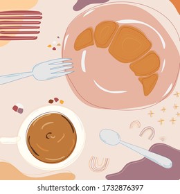 Croissant and coffee with small spoon and fork in modern art style. Creative sweet vector illustration with line frame. Breakfast concept 