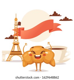 Croissant and coffee traditional French breakfast vector illustration. Cafe in Paris, menu cover template. French croissant funny cartoon character mascot. Eiffel tower landmark, travel to Europe