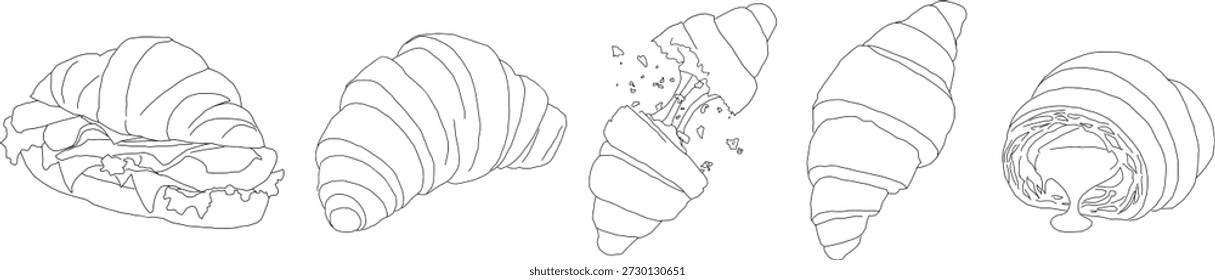 Croissant collection line art. Vector hand drawn set of French pastry, croissants with chocolate filling, crumbs and sandwich. Minimalist bakery sketches for cafe menu and food design.