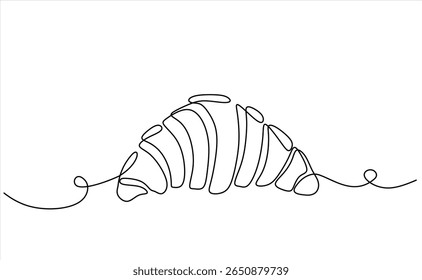 Croissant in continuous line art drawing style. Black line sketch on white background. Hand drawn one line vector. Editable stroke	