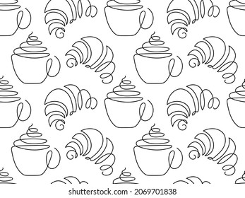 Croissant and creamy drink cup seamless pattern. Traditional french breakfast. Continuous one line drawing. Abstract hand drawn pastries by one line textile, wrapping paper, wallpaper, cover design