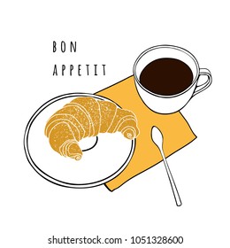 Croissant and a cup of coffee. Hand drawn vector illustration. Poster for a cafe, bakery, dining room.
