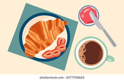 A croissant and cup or mug of coffee flat style , sweet food morning vibe, strawberry gem , enjoy the morning food.