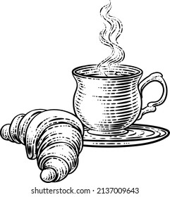 A croissant and cup or mug of coffee or tea in a vintage woodcut retro etching style