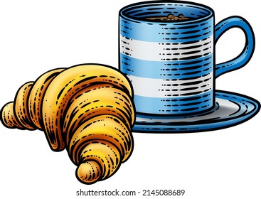 A croissant and cup or mug of coffee or tea in a vintage woodcut retro etching style