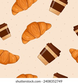 Croissant and cup seamless pattern. For print, wrapping paper, wallpaper. Vector illustration