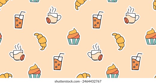 a croissant. cupcake. coffee. a cup of coffee. food. Yummy. the pattern. seamless pattern. seamless. sweets. sweet. tasty. bakery products. seed. fresh coffee. Doodle. retro palette.