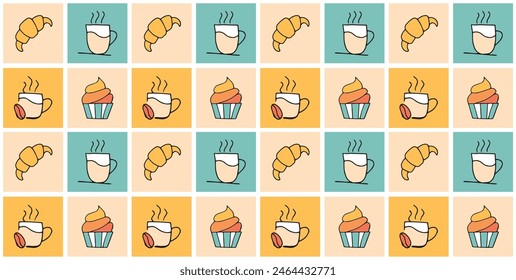 a croissant. cupcake. coffee. a cup of coffee. food. Yummy. the pattern. seamless pattern. seamless. sweets. sweet. tasty. bakery products. seed. fresh coffee. Doodle. retro palette.