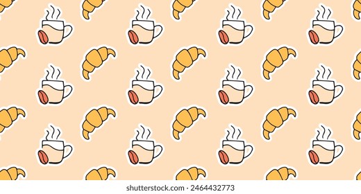 a croissant. cupcake. coffee. a cup of coffee. food. Yummy. the pattern. seamless pattern. seamless. sweets. sweet. tasty. bakery products. seed. fresh coffee. Doodle. retro palette.