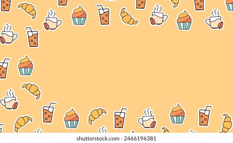 a croissant. cupcake. juice. soda. coffee. bakery products. frame. the frame is made of croissants. vector. sticker. doodle drawing. retro palette. with a white outline.