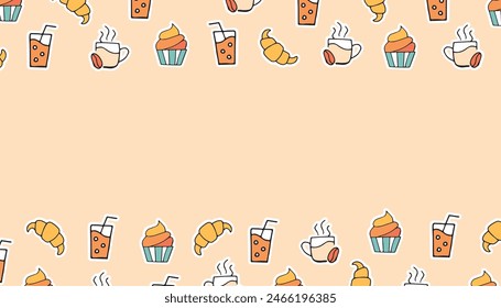 un croissant. cupcake. jugo. soda. café. productos de panadería. marco. el marco está hecho de croissants. Vector. pegatina. dibujo de garabatos. paleta retro. con un contorno blanco.