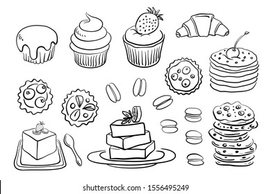 Croissant, cupcakes, macaroons, chocolate cookies, tarts, souffle, cake. Set of sweets in sketchy style isolated on white background. Doodle hand drawn desserts. Vector illustration