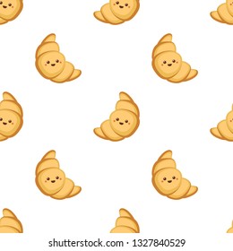 Croissant with cute face. Seamless vector pattern